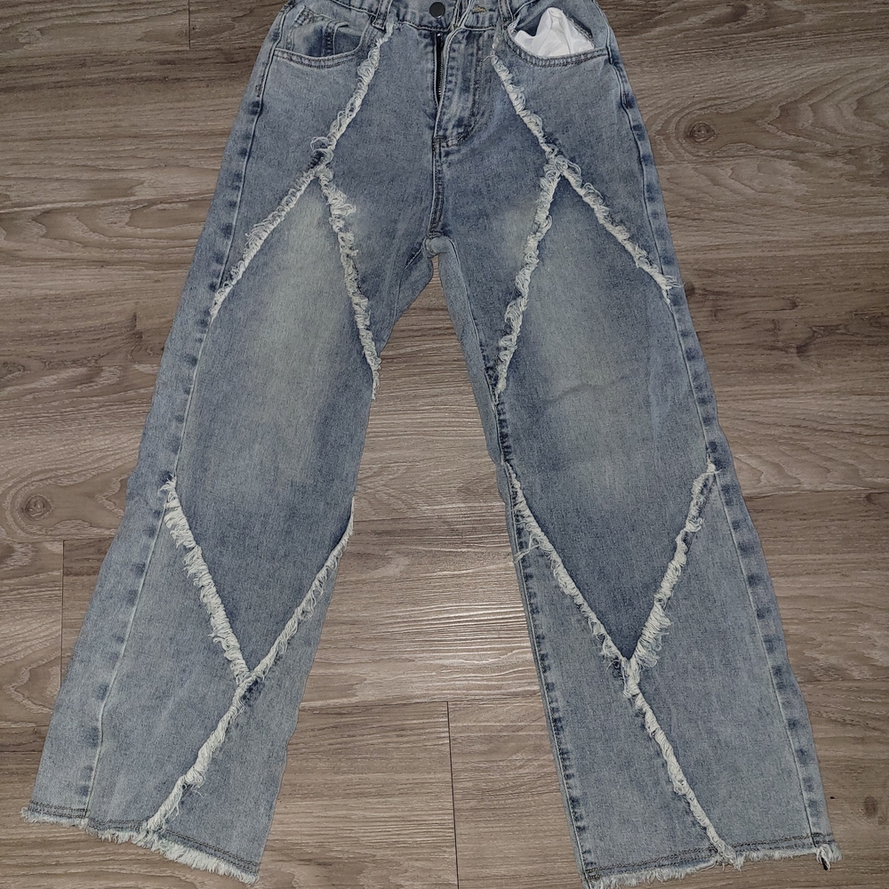 Diamond Patterned Distressed Denim Jeans Wide Legged Size 13Y-0womens